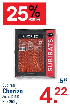 Promoties Chorizo - Subirats - Geldig van 26/10/2023 tot 13/11/2023 bij Sligro