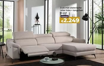 Promoties 3-zit met elektrische relax links + longchair in stof - Huismerk - Euroshop - Geldig van 24/10/2023 tot 31/12/2023 bij Euro Shop