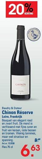 Promoties Baudry + dutour chinon réserve loire, frankrijk - Rode wijnen - Geldig van 26/10/2023 tot 13/11/2023 bij Sligro