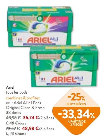 Promotions Ariel allin1 pods original clean + fresh - Ariel - Valide de 02/11/2023 à 14/11/2023 chez OKay