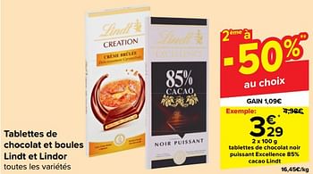 Promotions Tablettes de chocolat noir puissant excellence 85% cacao lindt - Lindt - Valide de 31/10/2023 à 13/11/2023 chez Carrefour