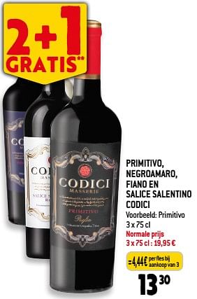 Promotions Primitivo, negroamaro, fiano en salice salentino codici - Vins rouges - Valide de 08/11/2023 à 14/11/2023 chez Smatch