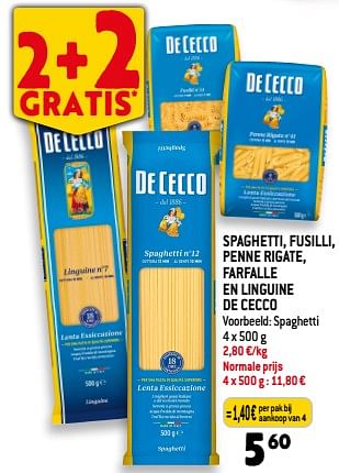 Promoties Spaghetti, fusilli, penne rigate, farfalle en linguine de cecco - De Cecco - Geldig van 08/11/2023 tot 14/11/2023 bij Smatch