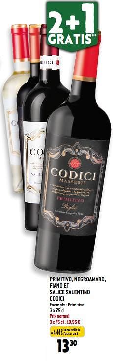 Promoties Primitivo, negroamaro, fiano et salice salentino codici - Rode wijnen - Geldig van 08/11/2023 tot 14/11/2023 bij Match