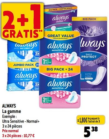 Promotions Always ultra sensitive - normal+ - Always - Valide de 08/11/2023 à 14/11/2023 chez Match