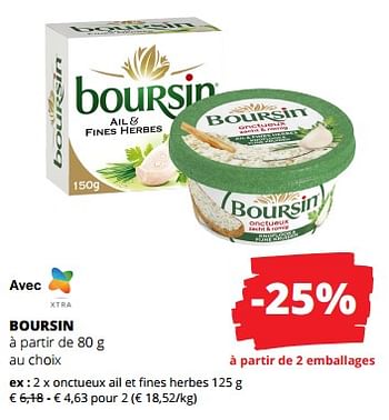 Promotions Boursin onctueux ail et fines herbes - Boursin - Valide de 02/11/2023 à 15/11/2023 chez Spar (Colruytgroup)