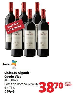 Promotions Château gigault cuvée viva aoc blaye côtes de bordeaux rouge - Vins rouges - Valide de 02/11/2023 à 15/11/2023 chez Spar (Colruytgroup)