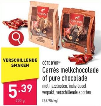 Promoties Carrés melkchocolade of pure chocolade - Cote D'Or - Geldig van 17/11/2023 tot 24/11/2023 bij Aldi
