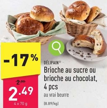 Promotions Brioche au sucre ou brioche au chocolat - Delipain - Valide de 13/11/2023 à 18/11/2023 chez Aldi