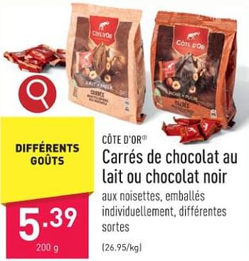 Promotions Carrés de chocolat au lait ou chocolat noir - Cote D'Or - Valide de 17/11/2023 à 24/11/2023 chez Aldi