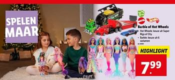 Promoties Barbie of hot wheels - Mattel - Geldig van 15/11/2023 tot 21/11/2023 bij Lidl