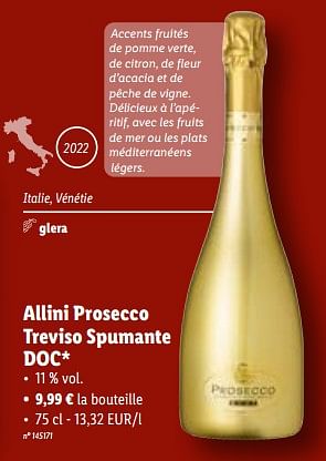 Promotions Allini prosecco treviso spumante doc - Mousseux - Valide de 15/11/2023 à 21/11/2023 chez Lidl