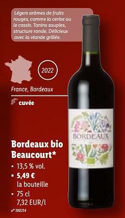 Promoties Bordeaux bio beaucourt - Rode wijnen - Geldig van 15/11/2023 tot 21/11/2023 bij Lidl
