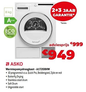 Promoties Asko warmtepompdroogkast - a1t208hw - Asko - Geldig van 26/10/2023 tot 24/11/2023 bij Exellent