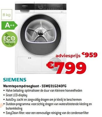 Promoties Siemens warmtepompdroogkast - sswq31g240fg - Siemens - Geldig van 26/10/2023 tot 24/11/2023 bij Exellent