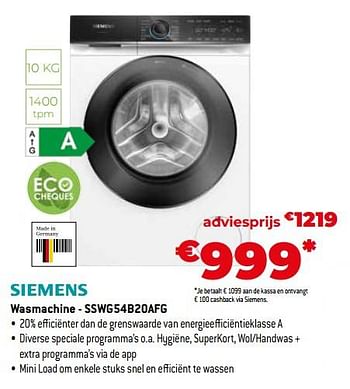 Promoties Siemens wasmachine - sswg54b20afg - Siemens - Geldig van 26/10/2023 tot 24/11/2023 bij Exellent