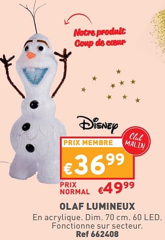 Promotions Olaf lumineux - Disney - Valide de 15/11/2023 à 20/11/2023 chez Trafic