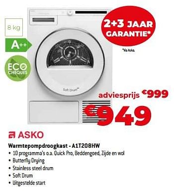 Promoties Asko warmtepompdroogkast - a1t208hw - Asko - Geldig van 03/11/2023 tot 30/11/2023 bij Exellent