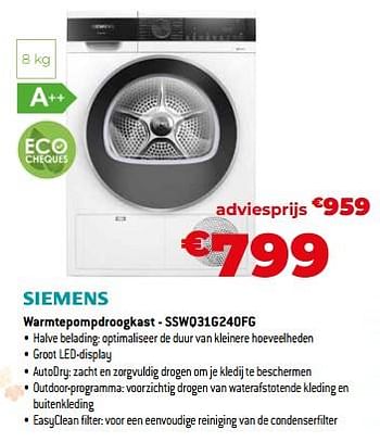 Promoties Siemens warmtepompdroogkast - sswq31g240fg - Siemens - Geldig van 03/11/2023 tot 30/11/2023 bij Exellent