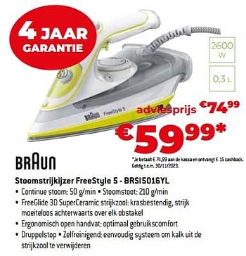 Promoties Braun stoomstrijkijzer freestyle 5 - brsi5016yl - Braun - Geldig van 03/11/2023 tot 30/11/2023 bij Exellent