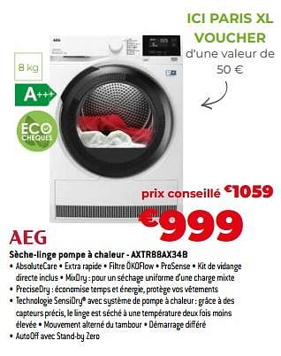 Promotions Aeg sèche-linge pompe à chaleur - axtr88ax34b - AEG - Valide de 03/11/2023 à 30/11/2023 chez Exellent