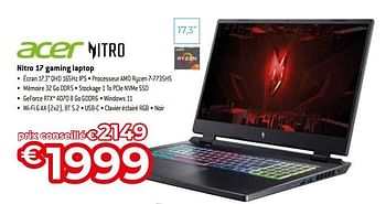 Promotions Acer nitro 17 gaming laptop - Acer - Valide de 03/11/2023 à 30/11/2023 chez Exellent