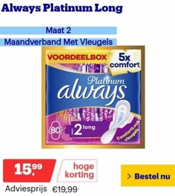 Promoties Always platinum long maat 2 maandverband met vleugels - Always - Geldig van 13/11/2023 tot 19/11/2023 bij Bol.com