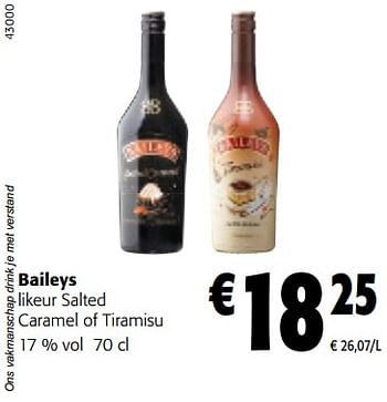 Promoties Baileys likeur salted caramel of tiramisu - Baileys - Geldig van 15/11/2023 tot 28/11/2023 bij Colruyt