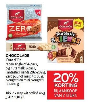 Promoties Chocolade côte d’or 20% korting bij aankoop van 2 stuks - Cote D'Or - Geldig van 15/11/2023 tot 28/11/2023 bij Alvo