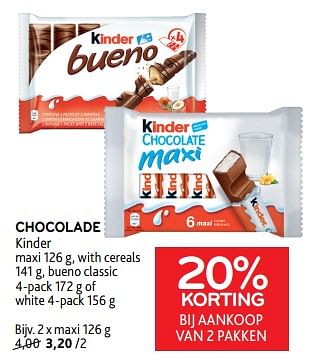 Promoties Chocolade kinder 20% korting bij aankoop van 2 pakken - Kinder - Geldig van 15/11/2023 tot 28/11/2023 bij Alvo
