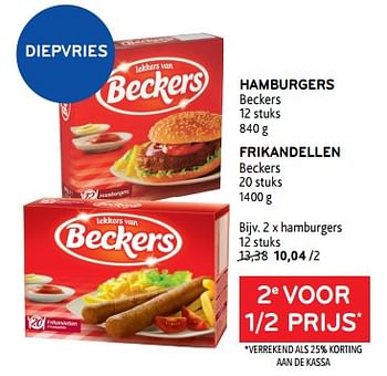 Promoties Hamburgers beckers + frikandellen beckers 2e voor 1-2 prijs - Beckers - Geldig van 15/11/2023 tot 28/11/2023 bij Alvo