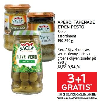 Promotions Apéro, tapenade et pesto sacla 3+1 gratis - Sacla - Valide de 15/11/2023 à 28/11/2023 chez Alvo