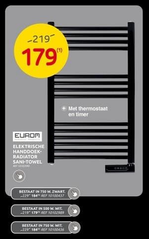 Promotions Eurom elektrische handdoekradiator sani-towel - Eurom - Valide de 15/11/2023 à 27/11/2023 chez Brico