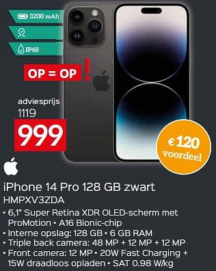 Promotions Apple iphone 14 pro 128 gb zwart hmpxv3zda - Apple - Valide de 17/11/2023 à 27/11/2023 chez Selexion