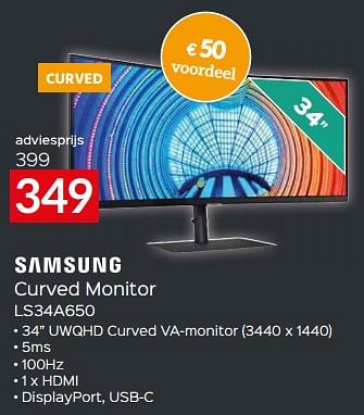 Promoties Samsung curved monitor ls34a650 - Samsung - Geldig van 17/11/2023 tot 27/11/2023 bij Selexion