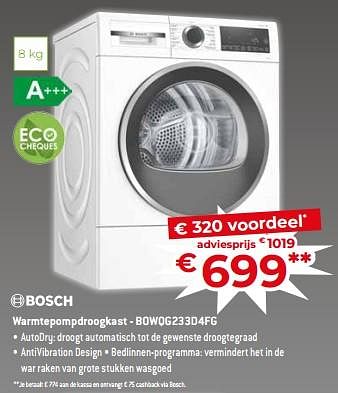 Promotions Bosch warmtepompdroogkast - bowqg233d4fg - Bosch - Valide de 17/11/2023 à 27/11/2023 chez Exellent