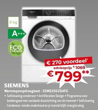 Promotions Siemens warmtepompdroogkast - sswq35g2d4fg - Siemens - Valide de 17/11/2023 à 27/11/2023 chez Exellent