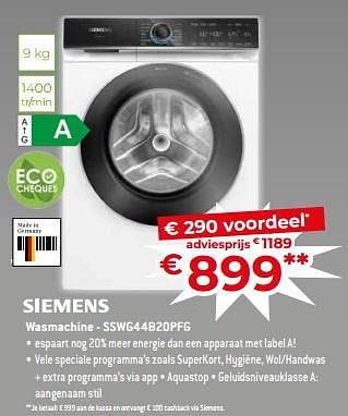 Promoties Siemens wasmachine - sswg44b20pfg - Siemens - Geldig van 17/11/2023 tot 27/11/2023 bij Exellent