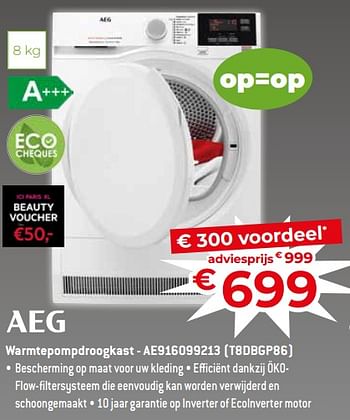 Promotions Aeg warmtepompdroogkast - ae916099213 t8dbgp86 - AEG - Valide de 17/11/2023 à 27/11/2023 chez Exellent
