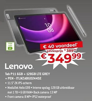 Promoties Lenovo tab p11 6gb + 128gb lte grey + pen - itlnzabg0244se - Lenovo - Geldig van 17/11/2023 tot 27/11/2023 bij Exellent