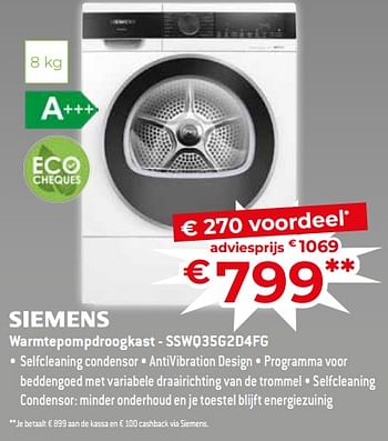 Promoties Siemens warmtepompdroogkast - sswq35g2d4fg - Siemens - Geldig van 17/11/2023 tot 27/11/2023 bij Exellent