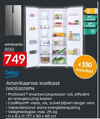 Promoties Beko amerikaanse koelkast gno5322xpn - Beko - Geldig van 17/11/2023 tot 27/11/2023 bij Selexion