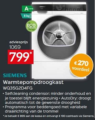 Promoties Siemens warmtepompdroogkast wq35g2d4fg - Siemens - Geldig van 17/11/2023 tot 27/11/2023 bij Selexion