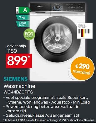 Promoties Siemens wasmachine wg44b20pfg - Siemens - Geldig van 17/11/2023 tot 27/11/2023 bij Selexion