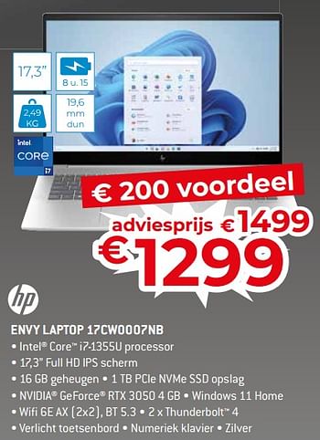 Promoties Hp envy laptop 17cw0007nb - HP - Geldig van 17/11/2023 tot 27/11/2023 bij Exellent