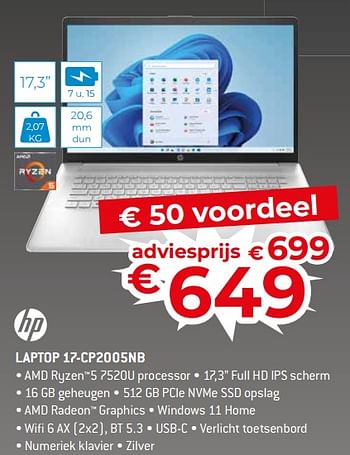 Promoties Hp laptop 17-cp2005nb - HP - Geldig van 17/11/2023 tot 27/11/2023 bij Exellent