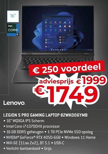 Promoties Lenovo legion 5 pro gaming laptop 82wk006ymb - Lenovo - Geldig van 17/11/2023 tot 27/11/2023 bij Exellent