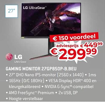 Promoties Lg gaming monitor 27gp850p-b.beu - LG - Geldig van 17/11/2023 tot 27/11/2023 bij Exellent