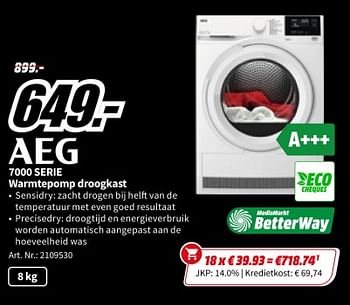 Promoties Aeg 7000 serie warmtepomp droogkast - AEG - Geldig van 23/11/2023 tot 27/11/2023 bij Media Markt