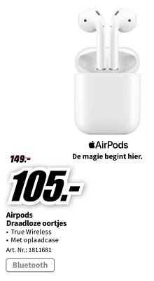Promoties Apple airpods draadloze oortjs - Apple - Geldig van 23/11/2023 tot 27/11/2023 bij Media Markt